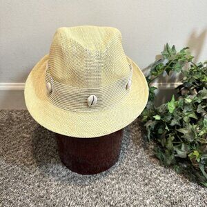 Flora Bella BEACH Raffia Straw Natural Brim Fedora Hat Starfish Shells